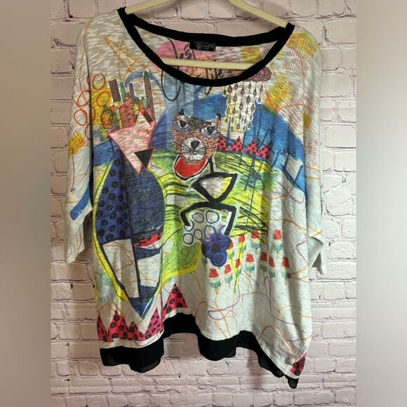 Inoah Lightweight 3/4 Sleeve Knit Scoop Burnout Neck Art to Wear Print Top M - Picture 2 of 12